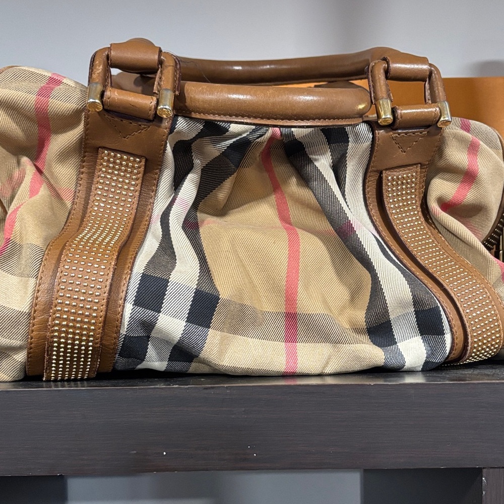 Burberry Plaid Shoulder Bag with Brown Leather